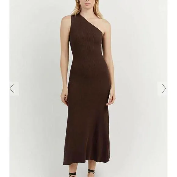 Ribbed Knit One Shoulder Bodycon Midi Dress Party Cocktail Brown‎ Size M Brown Size M - Image 2