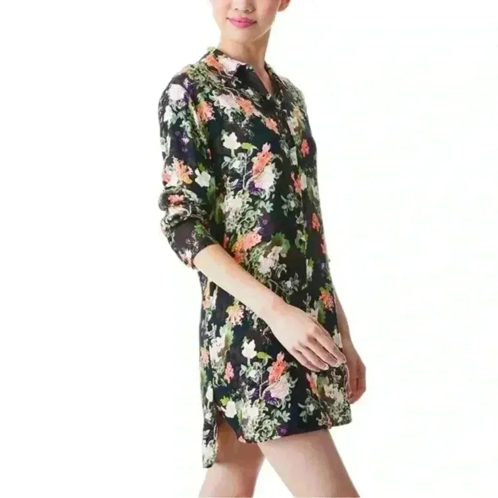Alice + Olivia Floral Print Longline Button Down Viscose‎ Shirt sz L - Image 3
