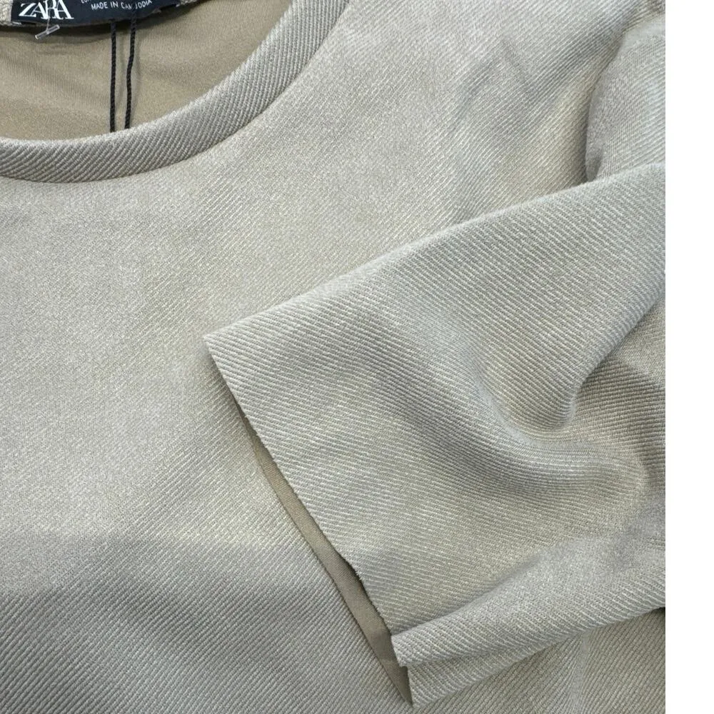 Zara Faux Suede Beige Short Sleeve Shift Dress women sz S - Image 4