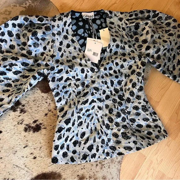 GANNI NWT Jacquard V-Neck Puff‎ Sleeve Blouse in Leopard Print Size 34 XS - Image 14
