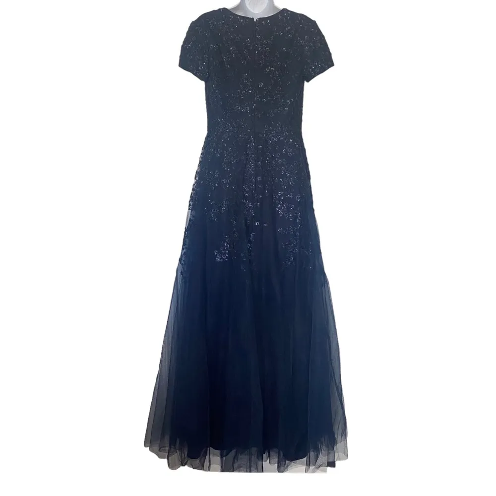 La Femme Embellished Tulle A-Line Maxi Navy Blue Evening Dress Size 6 - Image 2
