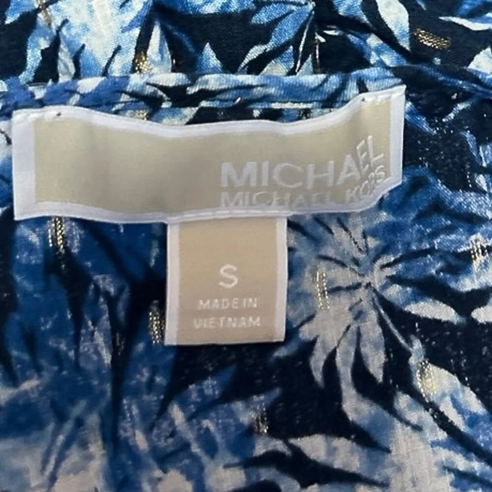 Michael Kors Blue Floral Metallic Keyhole Tie Shorts Sleeve Peplum Blouse Top S - Image 5