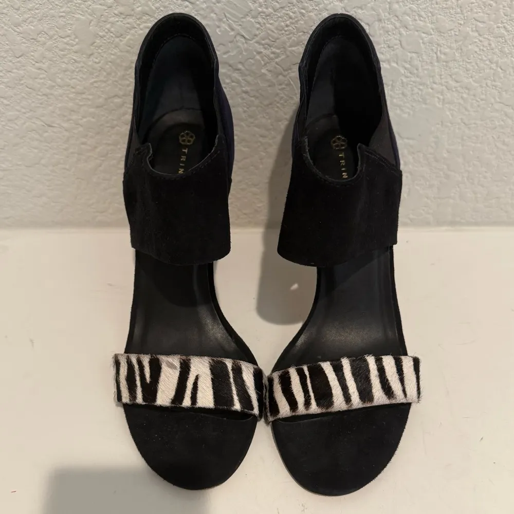 TRINA TURK Los Altos Suede High Heel Sandal Zebra Print Black White Navy Blue 8 - Image 3