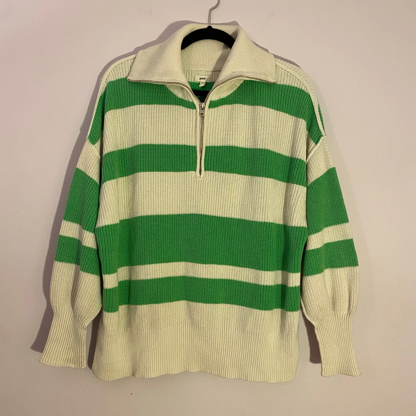 NWOT Aerie Green White Stripe Quarter Zip Pullover Sweater Cotton Women Small - Image 2