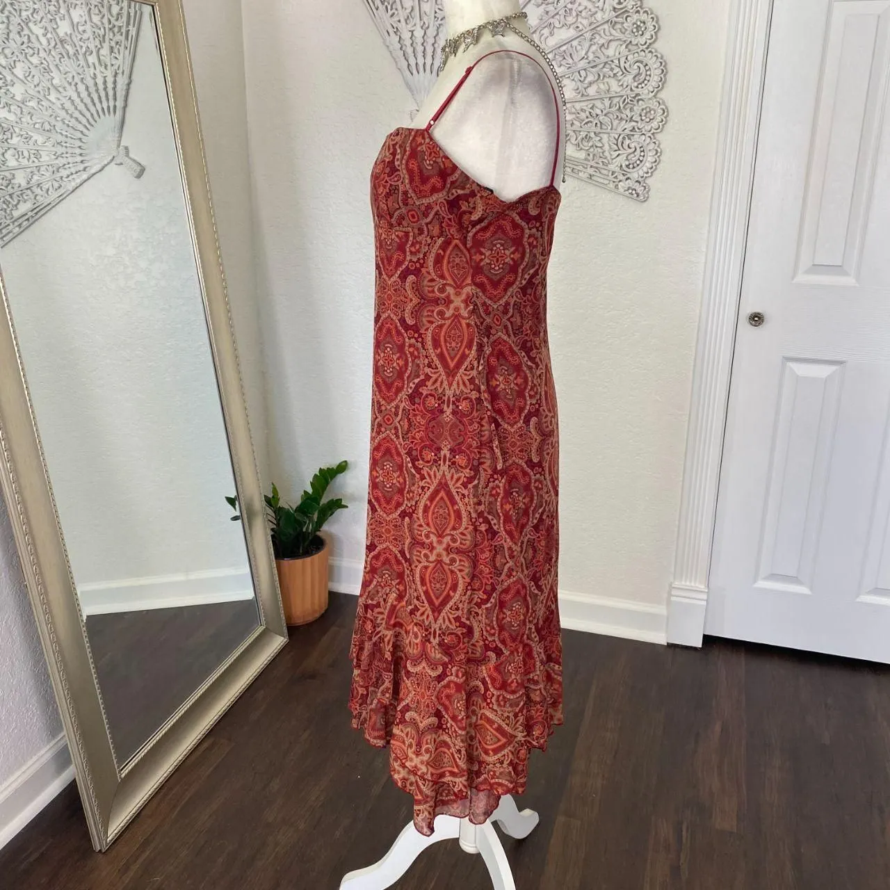 Whimsygoth Burgundy Red Orange Paisley Asymmetric Mesh Layered Midi Dress L - Image 4