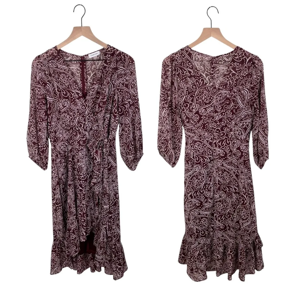 Calvin Klein Maroon Paisley High Low Hem Ruffle Chiffon Dress Women's Size 8 - Image 14