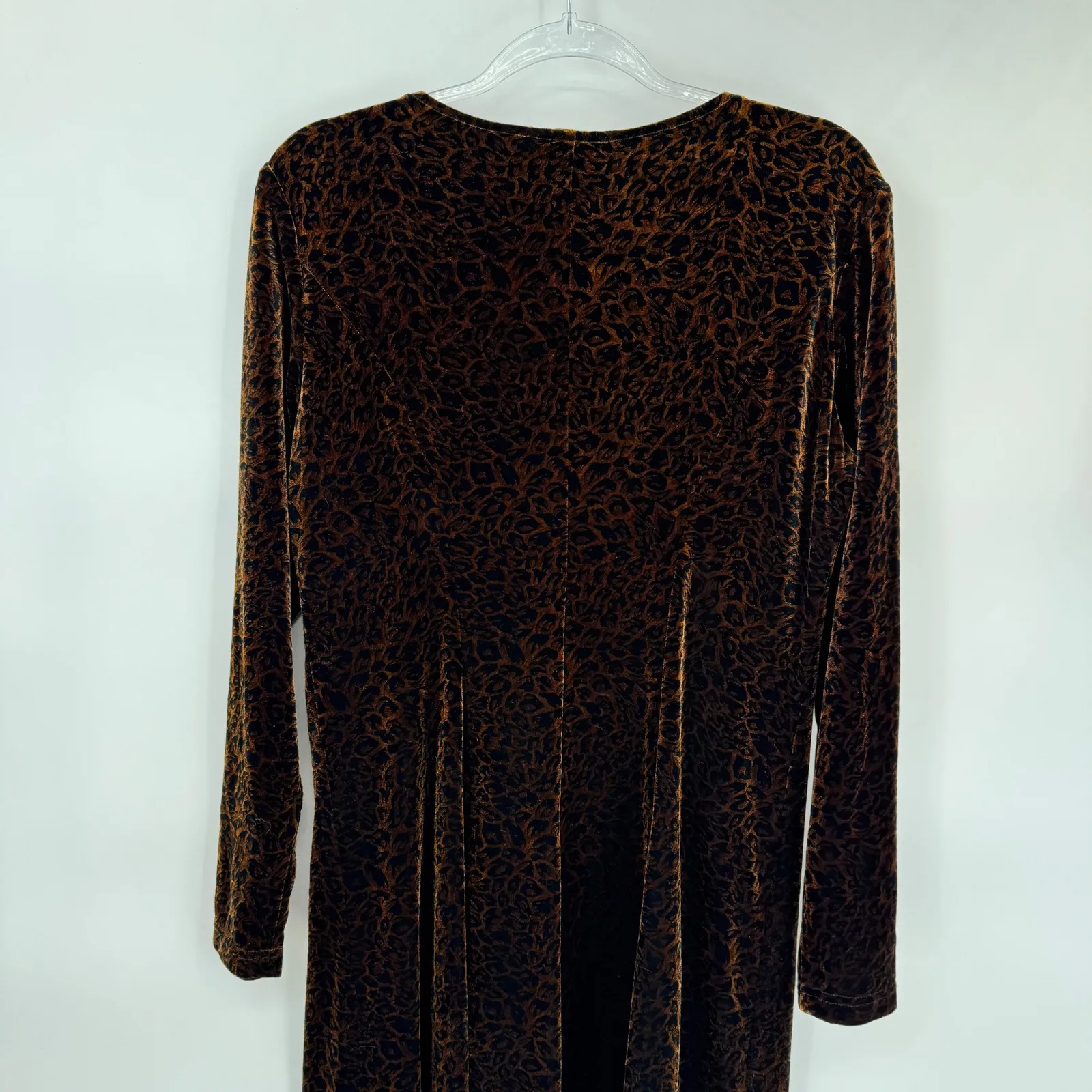 Vintage Coldwater Creek Midi Dress Womens 12 Brown Velvet Animal Print Leopard - Image 7