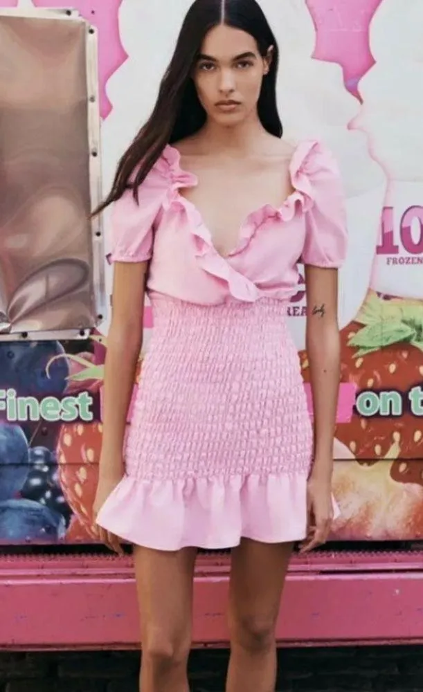 Zara Pink Linen Blend V Neck Ruffled Mini Dress - Image 3