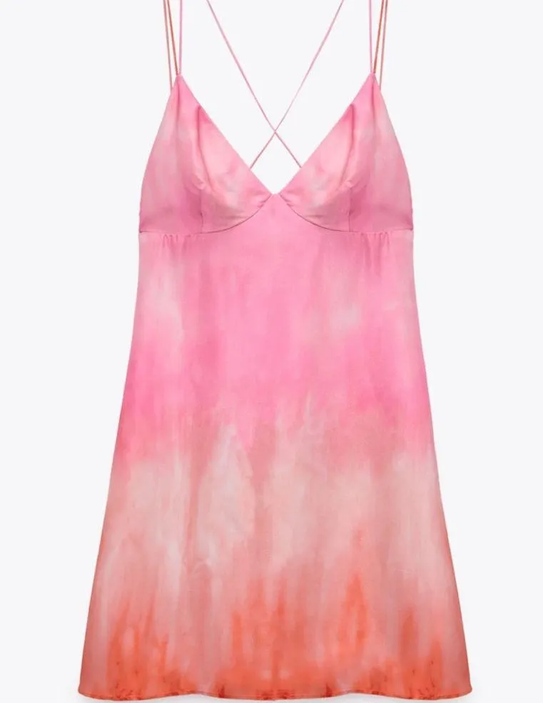 Zara TIE DYE MINI SLIP V-NECK ALINE DRESS PINK NEW - Image 8