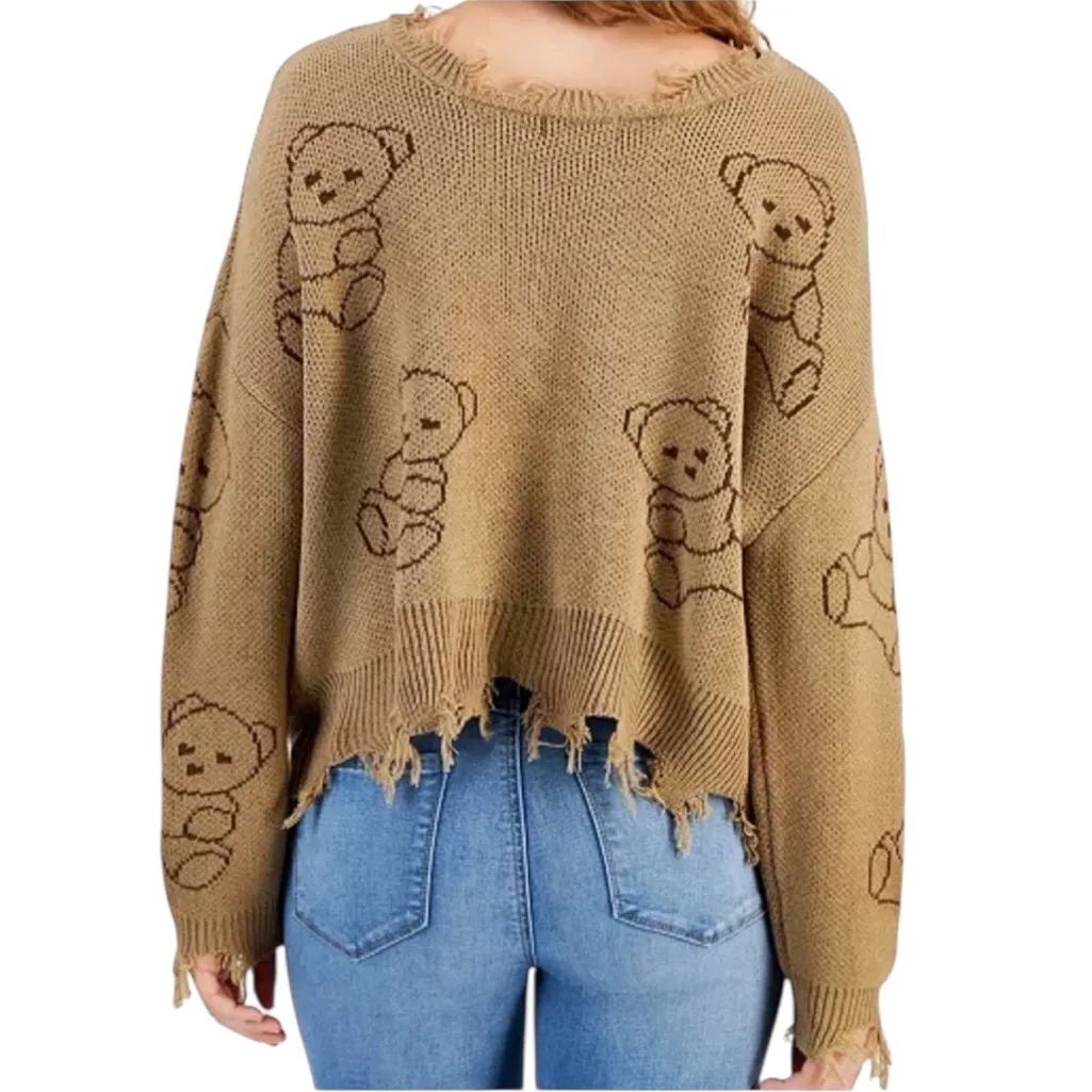 Just Polly Y2K Grunge Distressed Teddy Bear Sweater Brown Knit Womens Large - Image 8