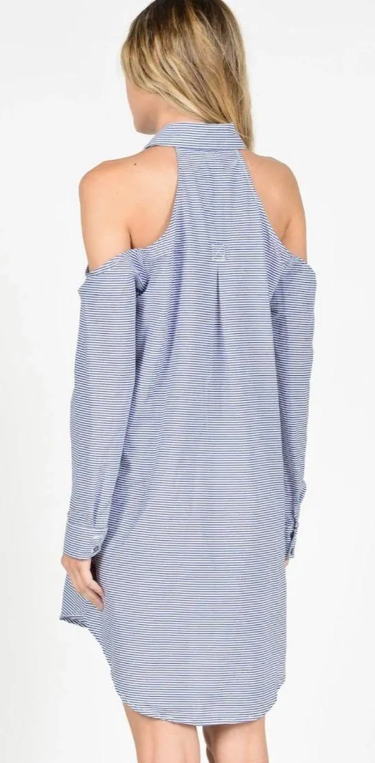 Black Stripes Cold Shoulder Shirt Dress - Image 3