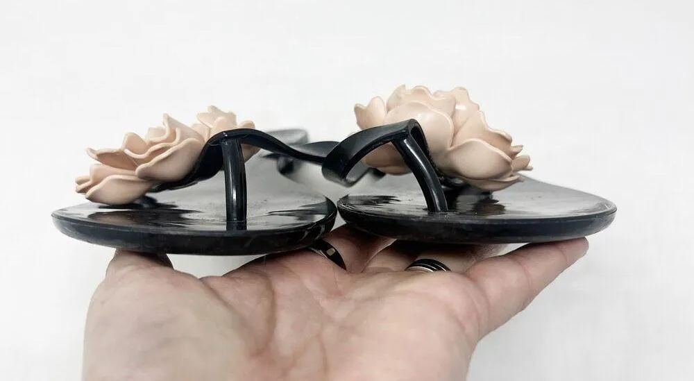 [Melissa] Black Jelly Sandals Rubber Flip Flop Beige Flower Beach Thongs Size 9 - Image 3