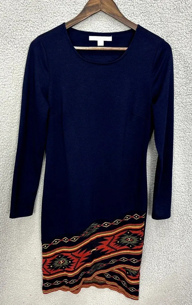 Boston Proper Sheath Dress Womens 4 Blue Aztec Southwestern Long Sleeve Boho - Image 1