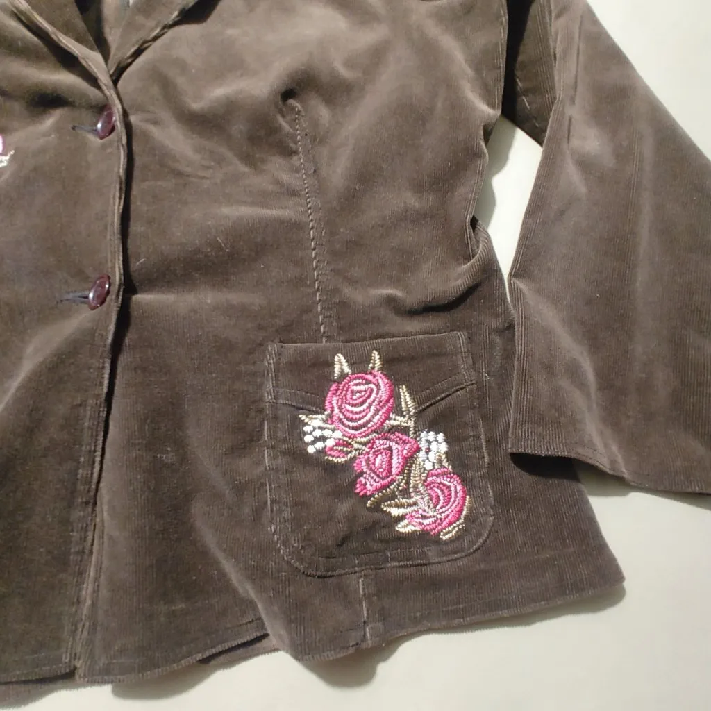 Corduroy Blazer Size XL Embroidered Roses Vintage Brown Pink Pockets Button - Image 12