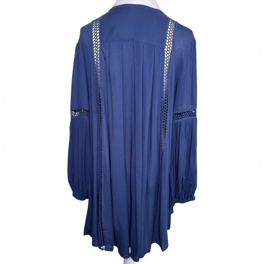 Free People Navy Babydoll Lace Inset Swing Tunic Boho Long Sleeve Dress Sz Small - Image 9