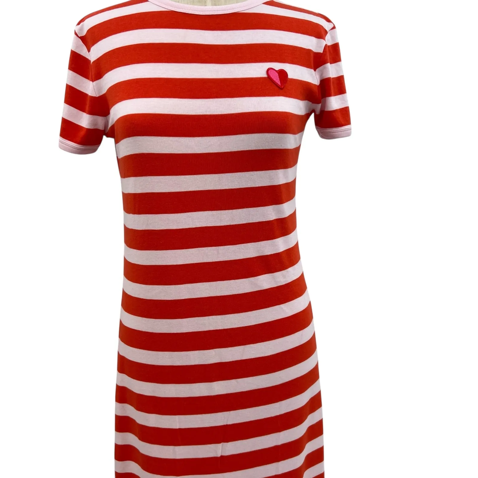 Tory Burch Sport Striped T-Shirt Dress Midi Heart Embroidery Red Size Medium - Image 4