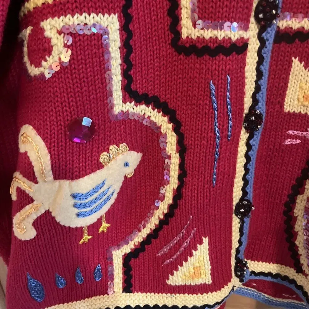 Vintage Storybook Knits Sweater Mola Festival HSN Chickens Size Large Womens Red - Image 6