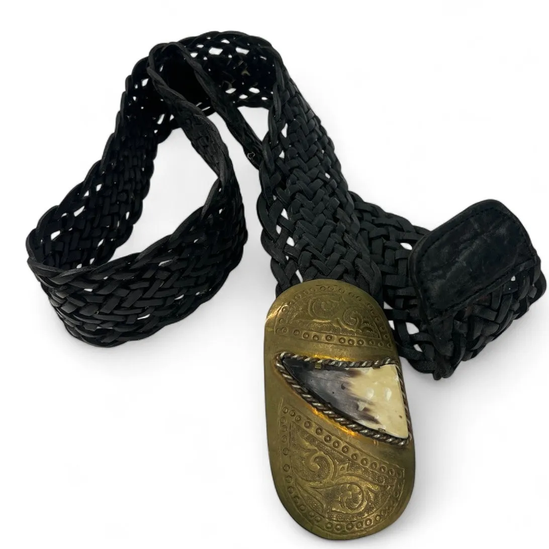 VINTAGE 90's CHICO's braided leather belt Statement medallion buckle Horn Brass Black - Image 2