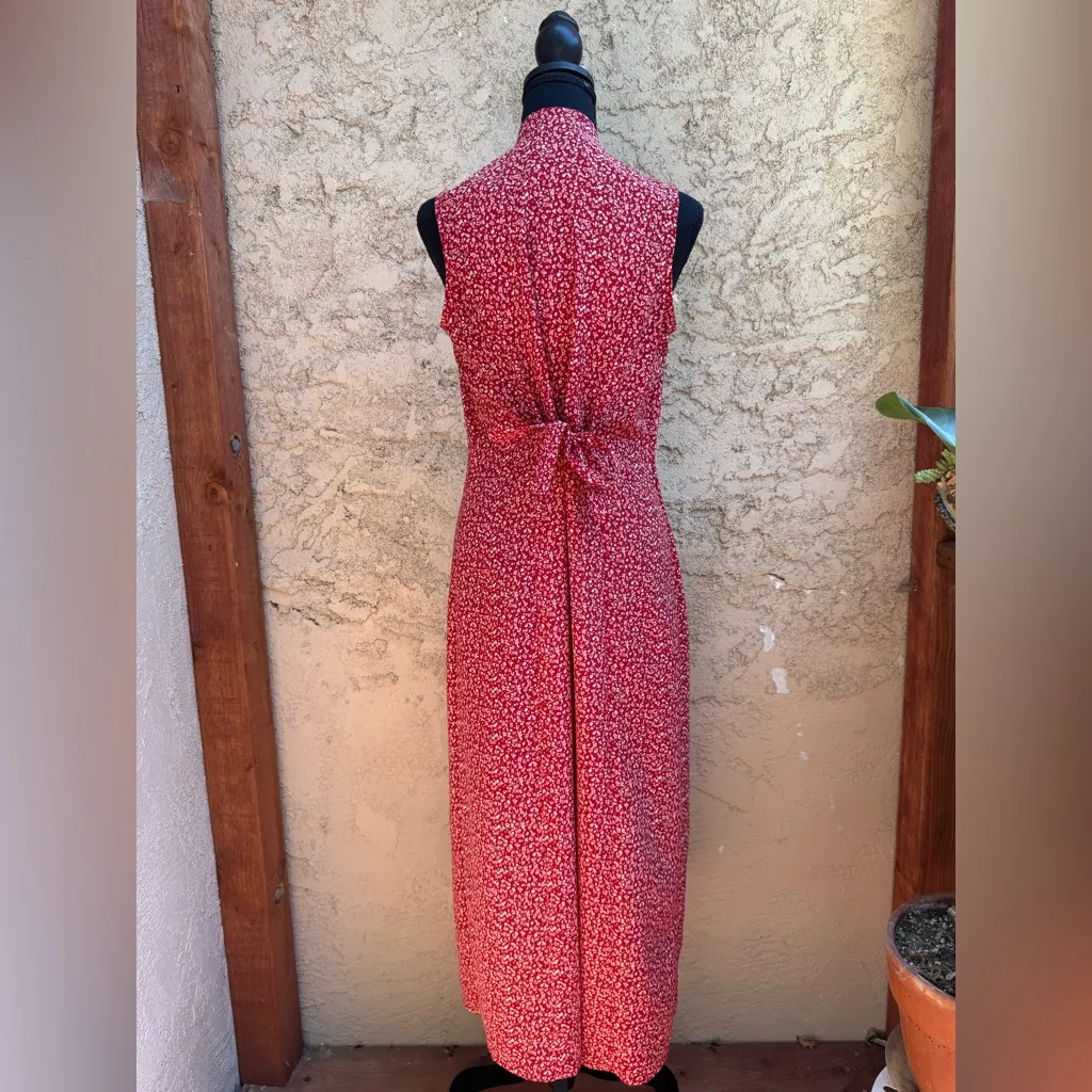 Vintage 90’s Cottagecore Mandarin Collar Red Floral Sleeveless Dress Size 12 - Image 3