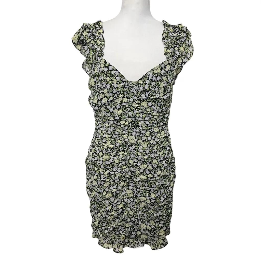 ASTR The Label Floral Ruched Mini Dress Women’s Medium Green Lilac Ditsy Ruffle - Image 2