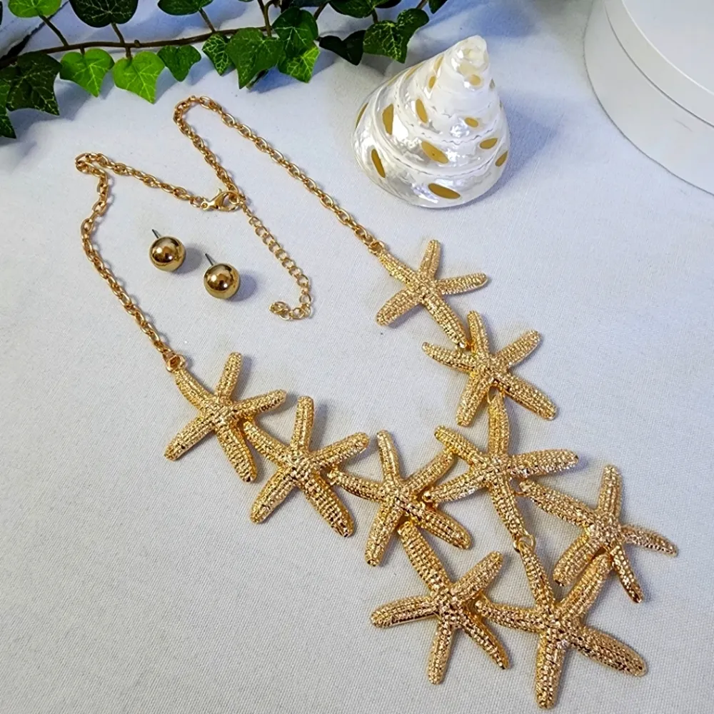 Statement Gold Starfish Bib Necklace Set - Image 2