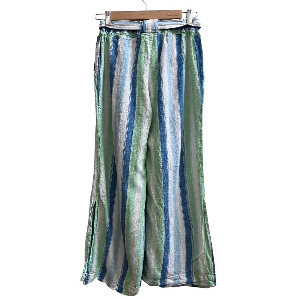 Linen Blend Striped Side Slit Waist Tie Wide Leg Pant Small Resort - Image 5