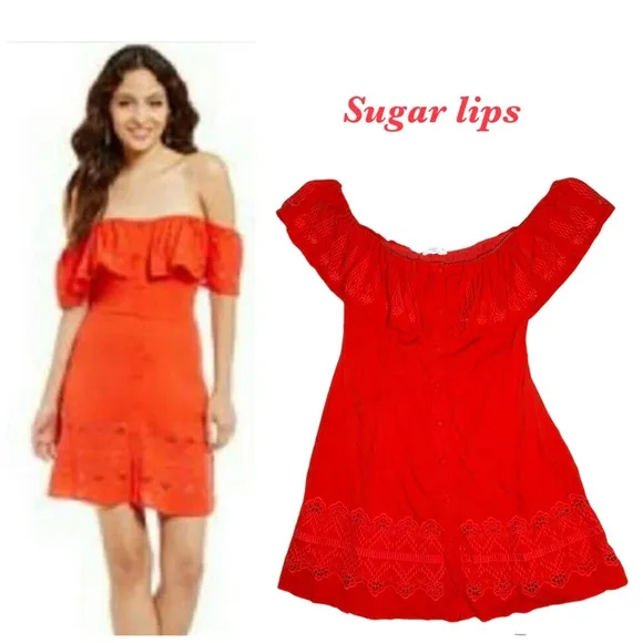 Sugar lips off the shoulder red eyelet cutout midi short sleeve summer dress sm - Image 2