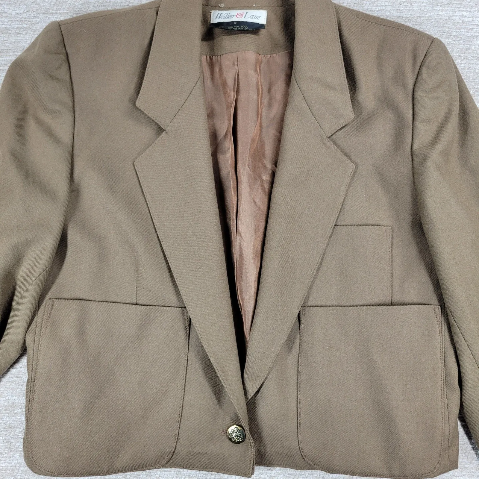 VTG Walker & Lane Cropped Wool Jacket Womens 10 Brown Gold Crest Button Career - Image 8