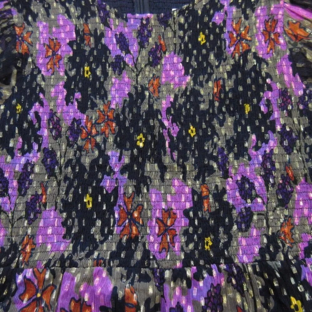 NWT Oliphant Milano Smocked Maxi in Navy Floral Metallic Chiffon Dress L Blue Size L - Image 5