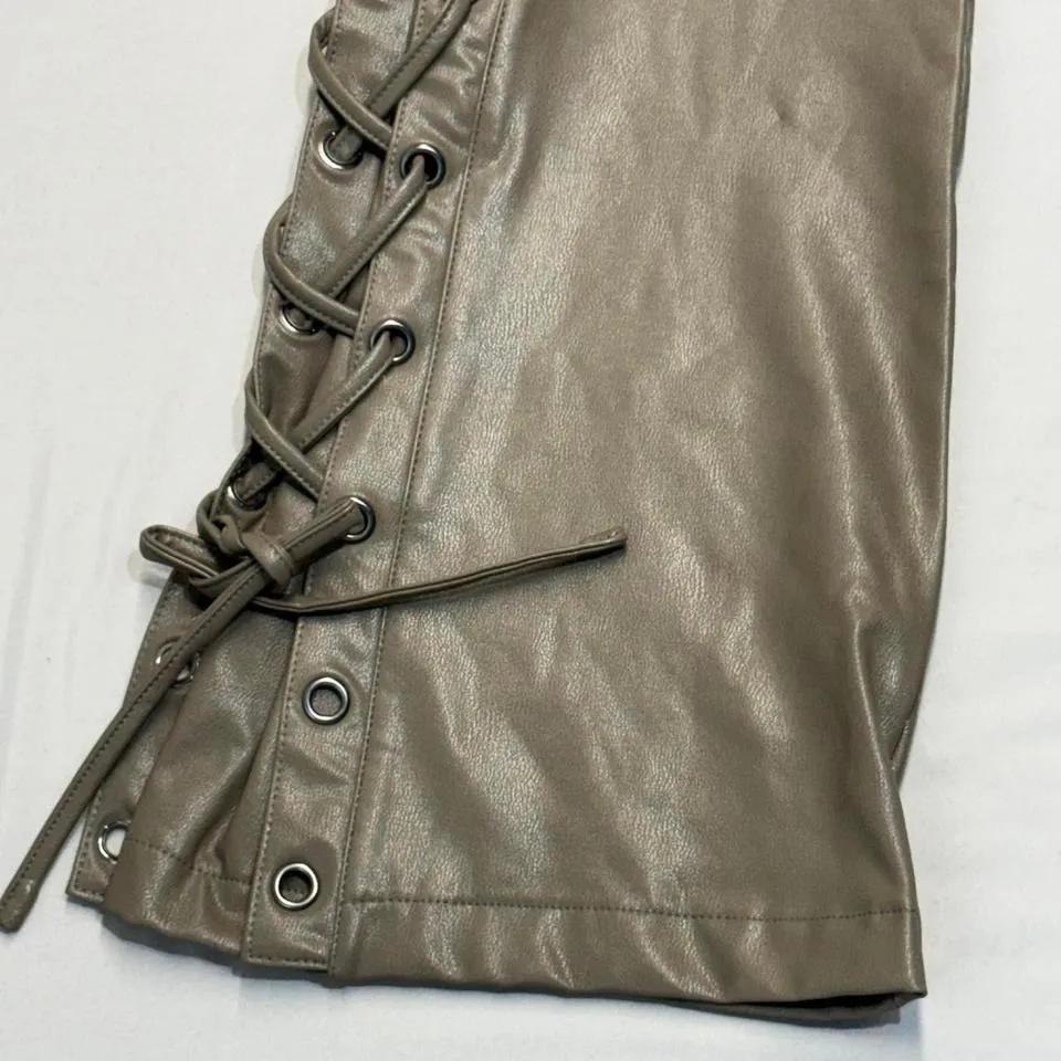 Y2K Lace Up Faux Leather Bootcut Pants Brown Moto Biker Festival NWT - Image 6