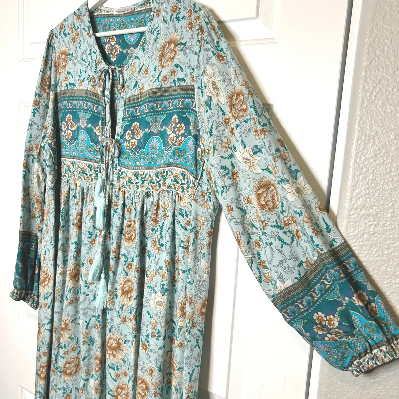 R. Vivimos Boho Floral Maxi Dress‎ Long Sleeve V Neck Tie Tassel Empire Waist Blue Size XL - Image 3