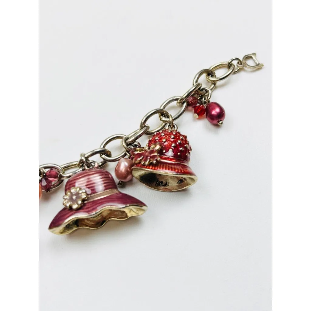 LC  Liz Claiborne Pink Hat Charm Bracelet With Pearls & Beads Gold-Tone Chain 7 - Image 4