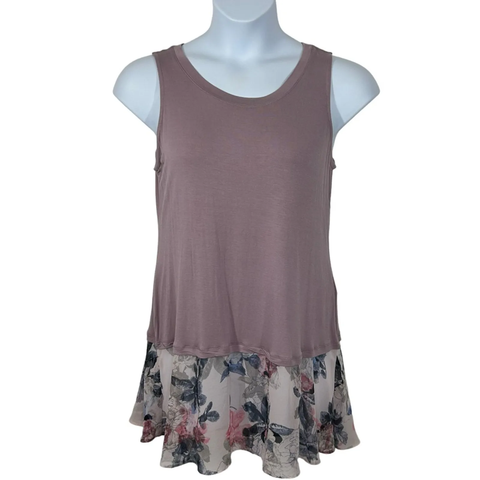 LOGO by Lori Goldstein Mauve Pink Floral Hem Mixed Media Tunic Tank L - Image 3