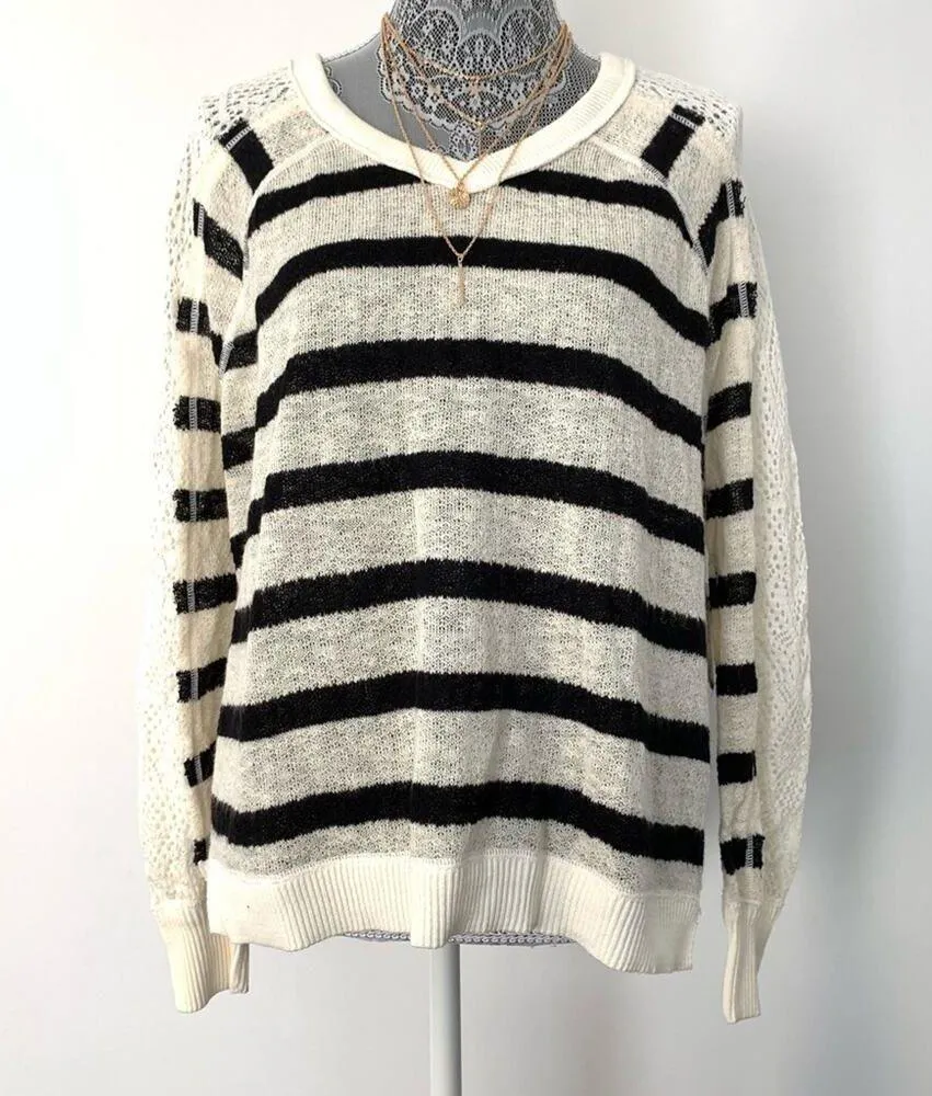 Free People  Womens Crochet Sleeve Oversized Striped Pullover Knit Sweater Top - Image 3