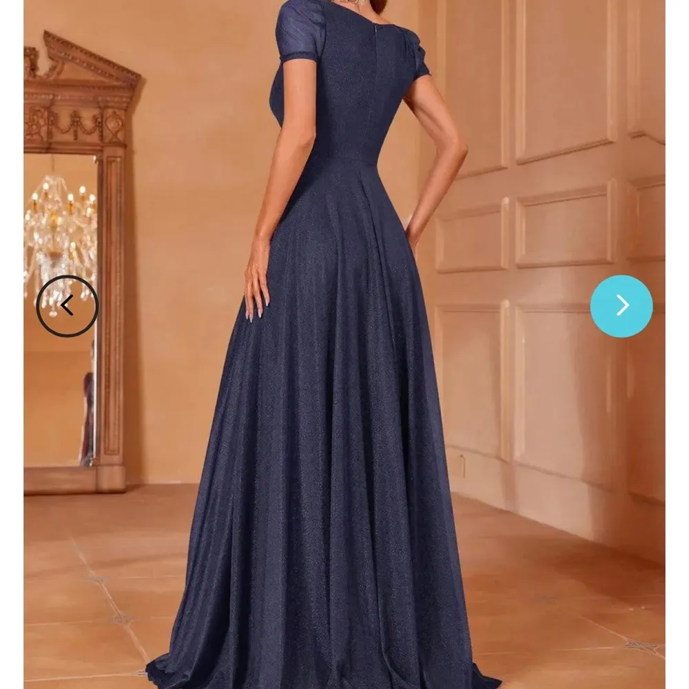 Faeriesty elegant surplice neck, short sleeve A line dress woman size Large slit Blue - Image 4