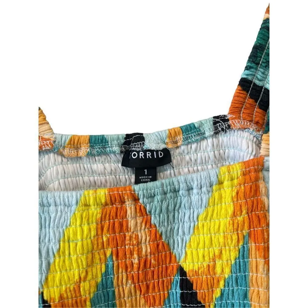 Torrid Blouse Womens 1X 14 16 Geo Multicolor Peplum Crinkle Gauze Tank Smocked - Image 7