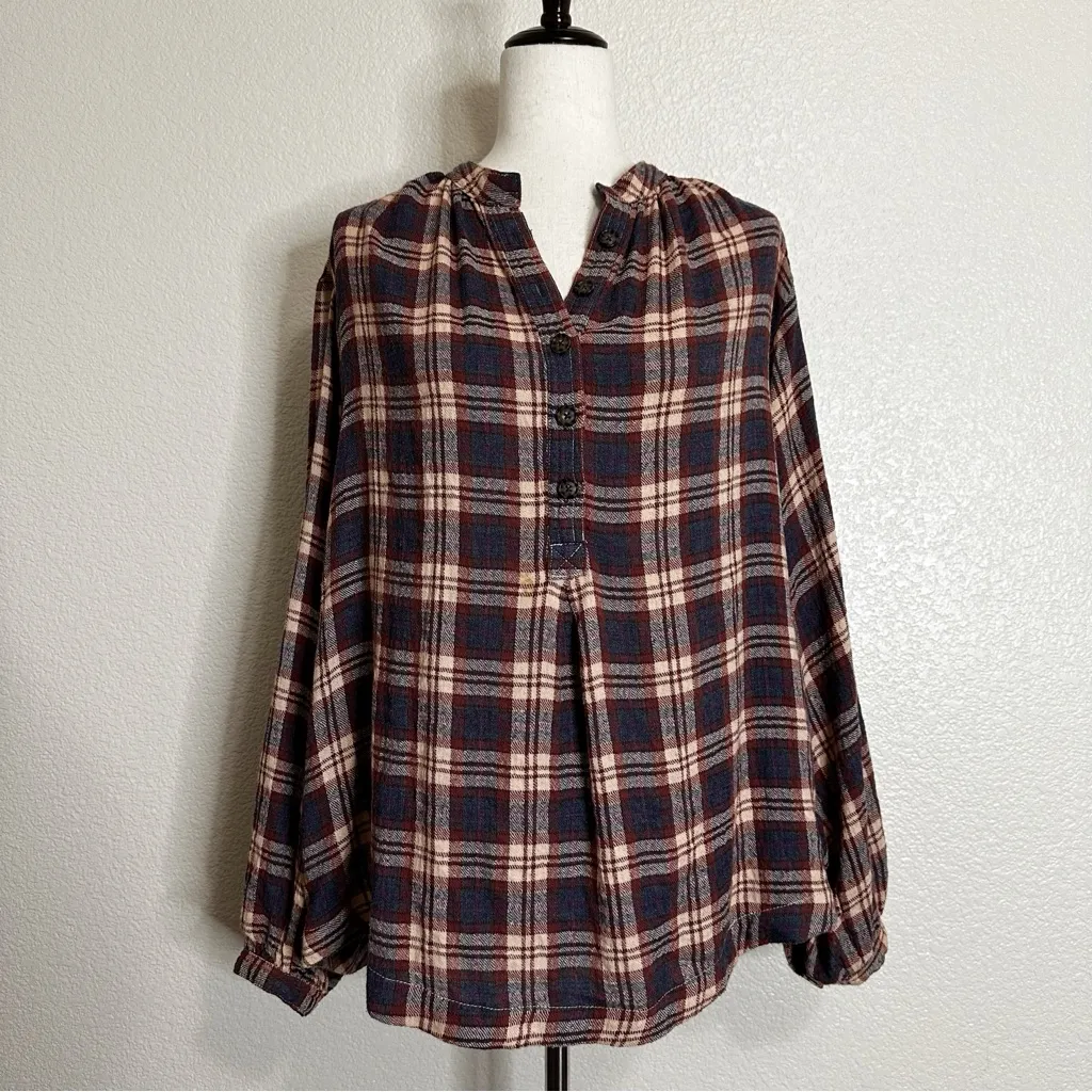 Free People Northern Bound Plaid Flannel Popover Top, Sz Small - Image 3