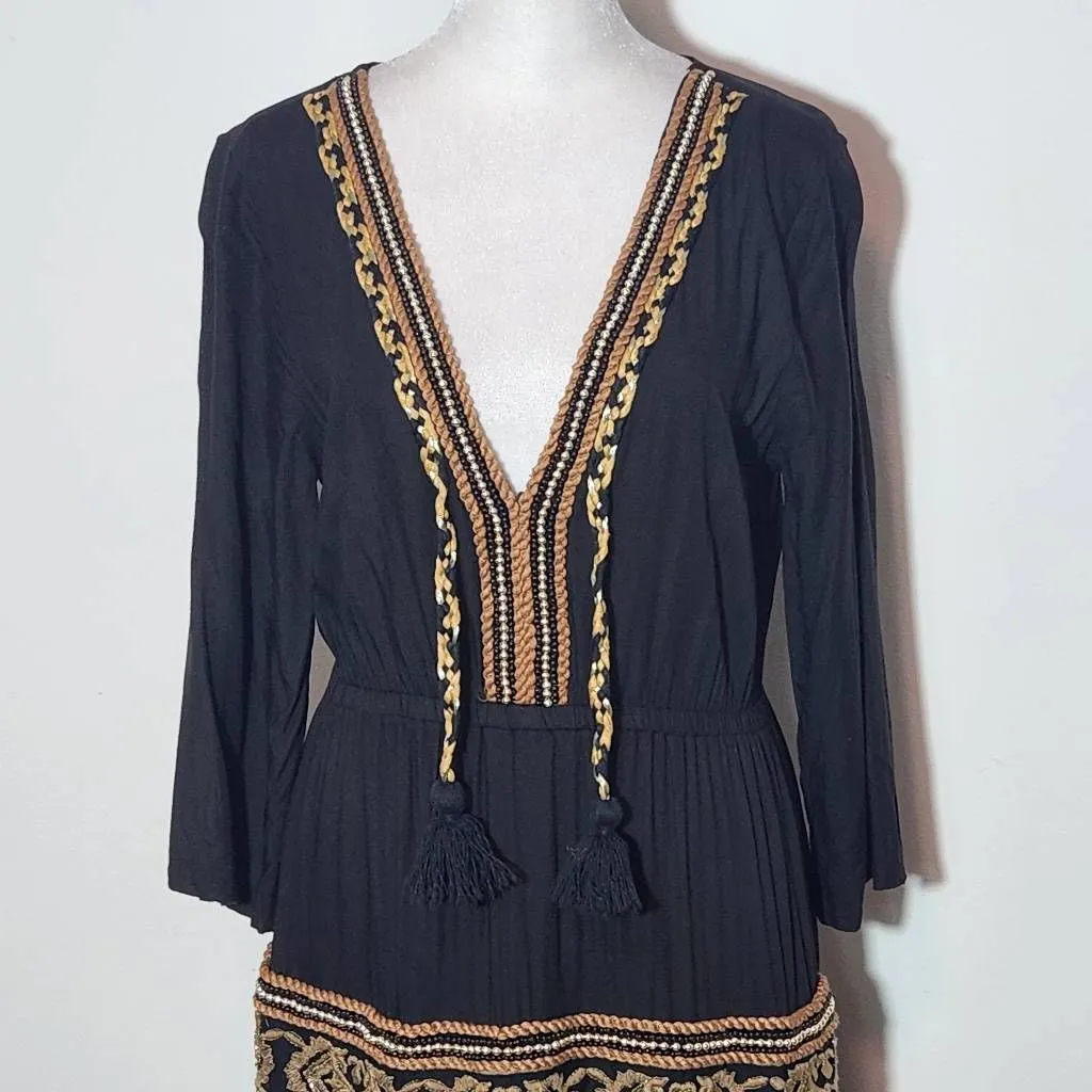 Venus Black Tiered Boho Maxi Dress Size 4 Black Embroidered Beaded Boho Dress - Image 4