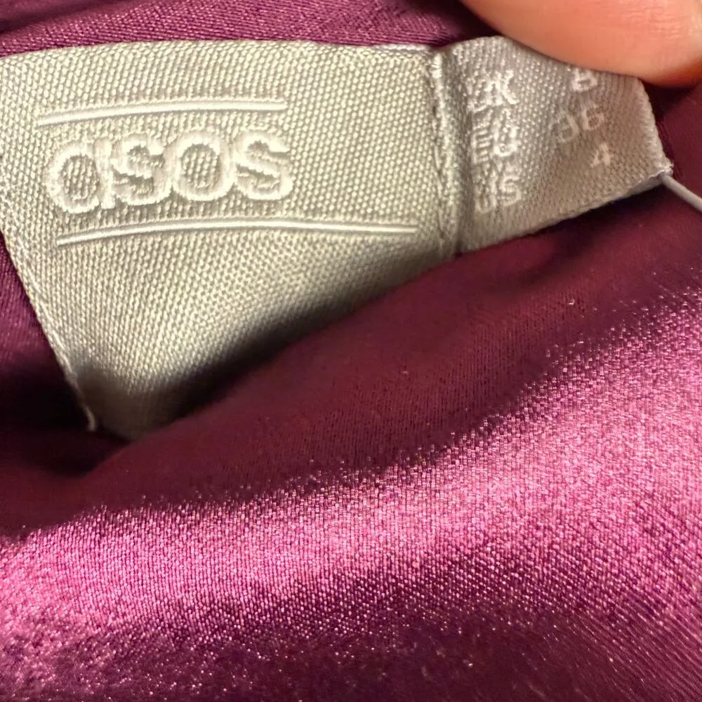 ASOS Plum Burgundy Satin Lace Trim Pleated Cold Shoulder Maxi Dress Size 4 - Image 11