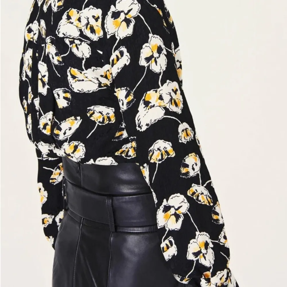 BA&SH Una Satin Jacquard Button Down Shirt in Black & Yellow Floral Print Medium - Image 5