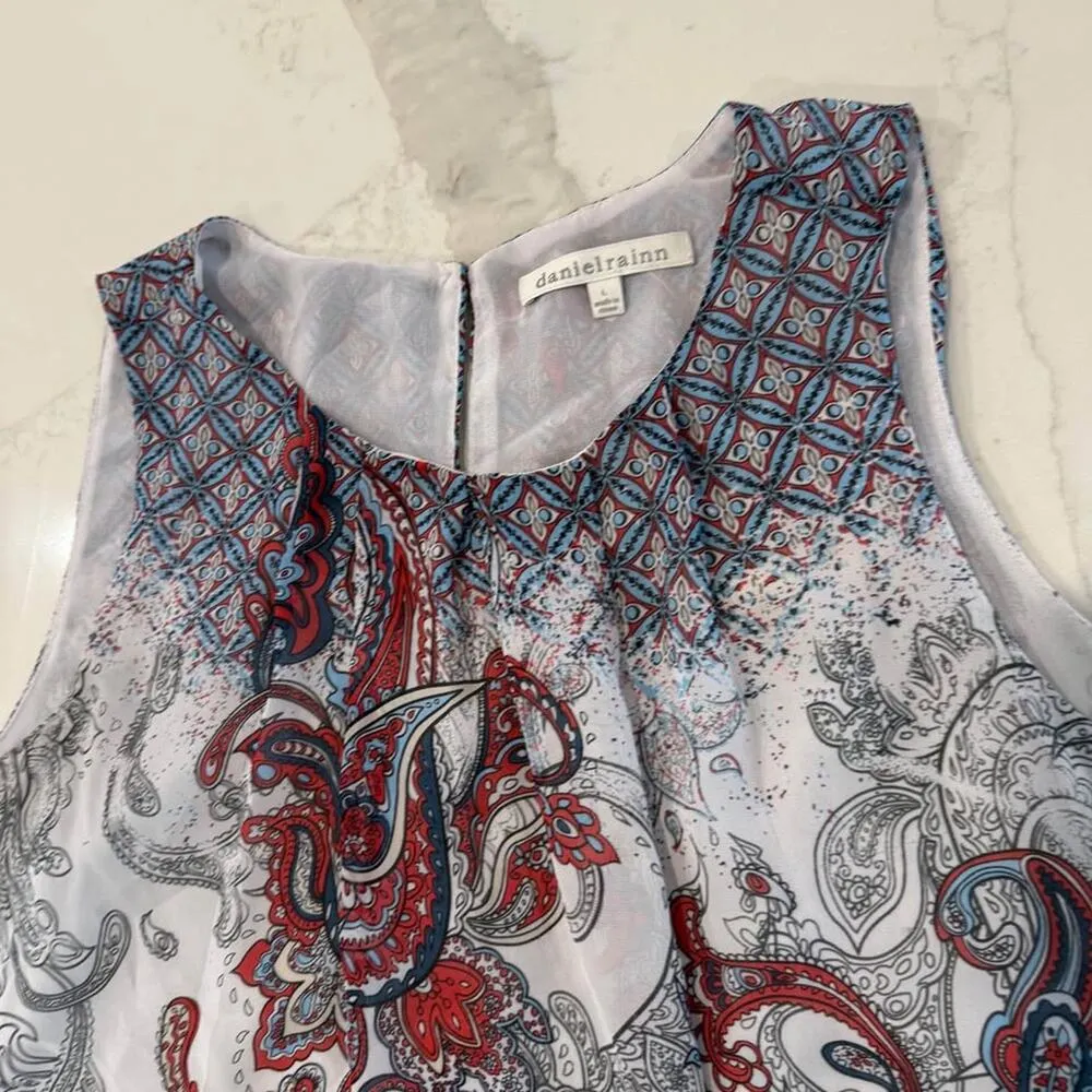 Daniel Rainn Paisley Layered Pleated Sleeveless Blouse Womens Large BlueRed Boho - Image 3