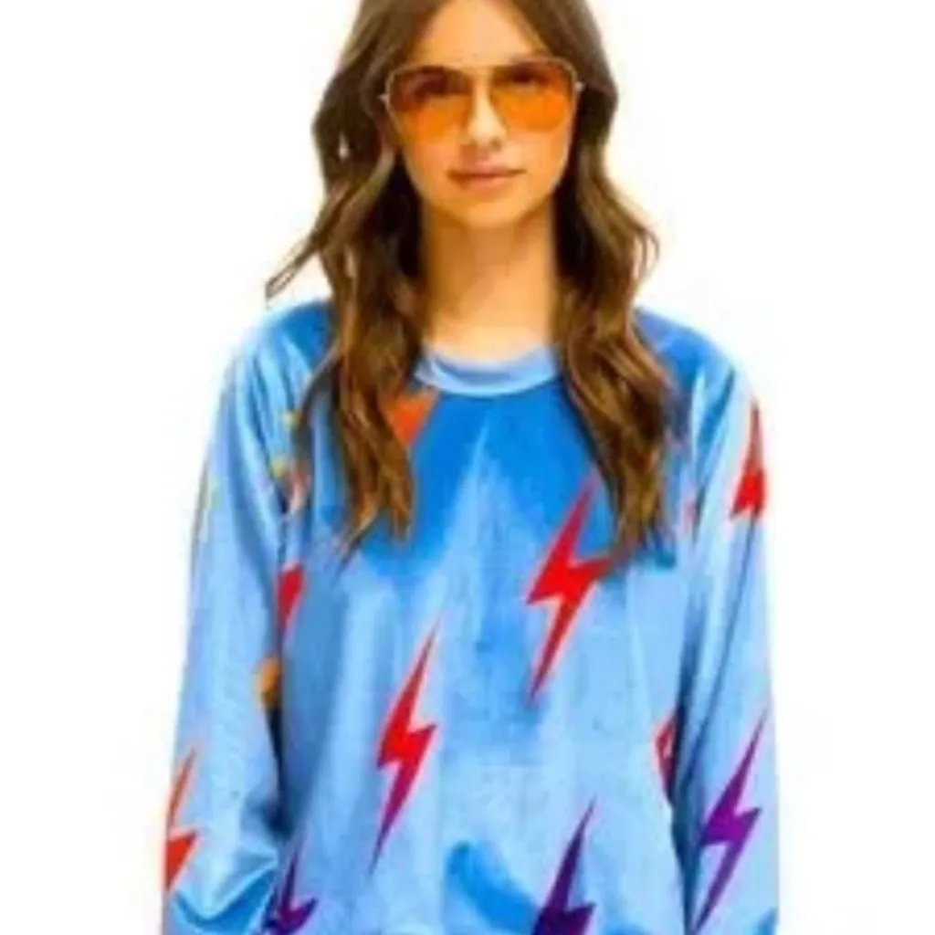 Aviator Nation Sweater Blue Velour Thunder LightBolt Medium Pullover Sweatshirt - Image 2