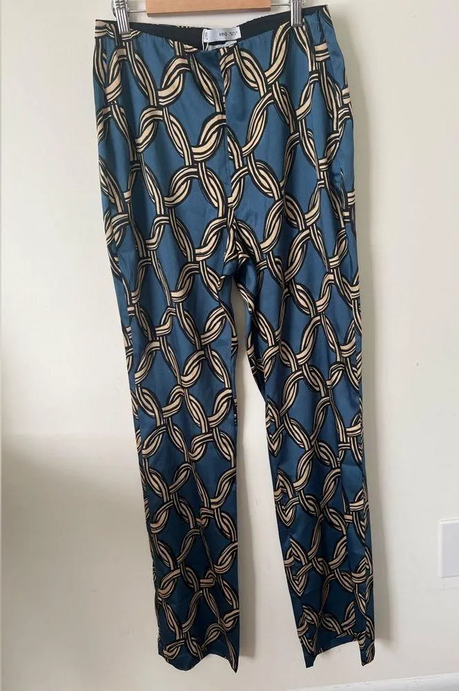 NWT Mango Satin Printed Trousers Flowy Pants Geometric Chains M Italian Fabric - Image 5