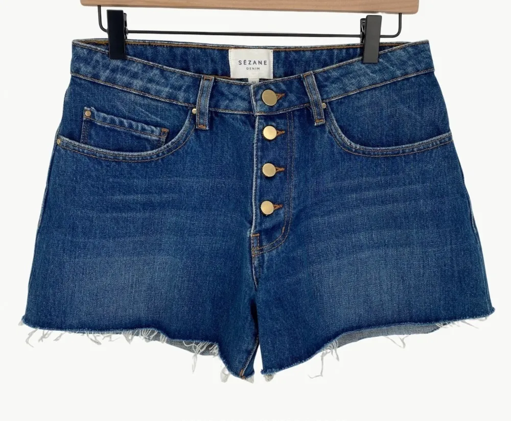 Sézane Women's High Rise Cut Off Button Denim Shorts | 40 (US 8) | Medium Wash - Image 1