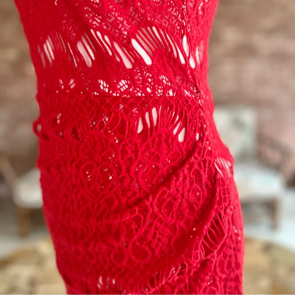 Tea & Cup Dress Bodycon Mini Lace Ruched Red M (jrs) Party Wedding Prom Holiday - Image 9