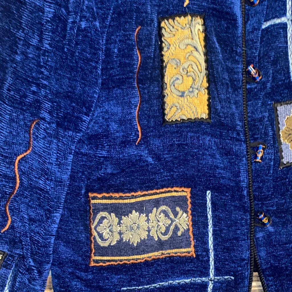 Vintage 90’s Embroidered Allure Blue Jacket with Gold and Orange Accents Size L - Image 2