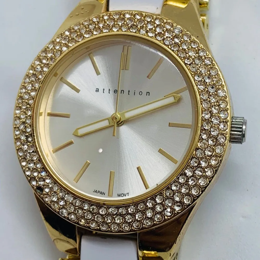 Attention womens 38mm Quartz analog watch gold white tone rhinestones 7” runs - Image 2