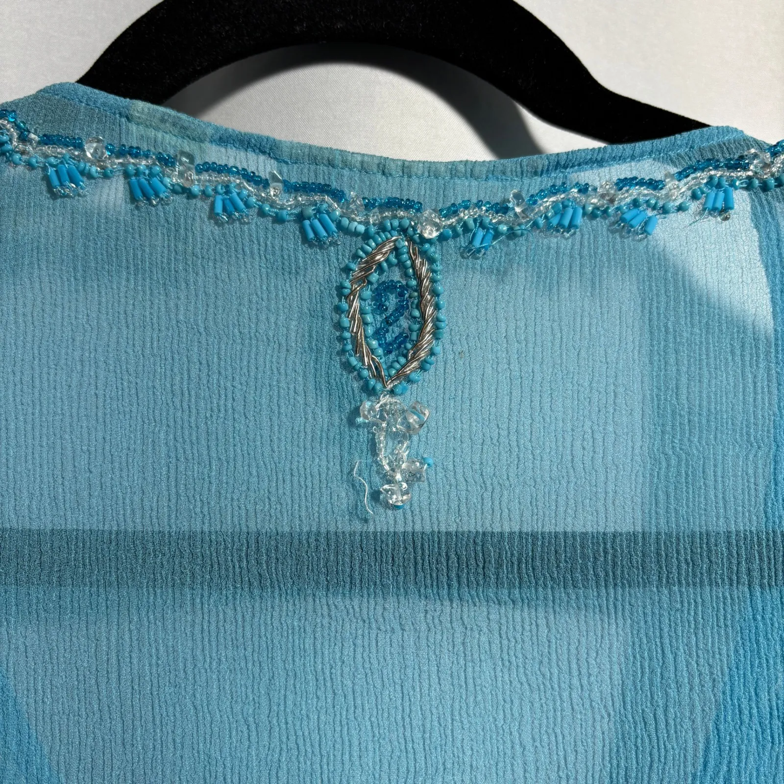 VTG Lord & Taylor Silk Beaded Blue Tunic Top Womens L Long Sleeve Boho Sheer Y2K Size L - Image 3