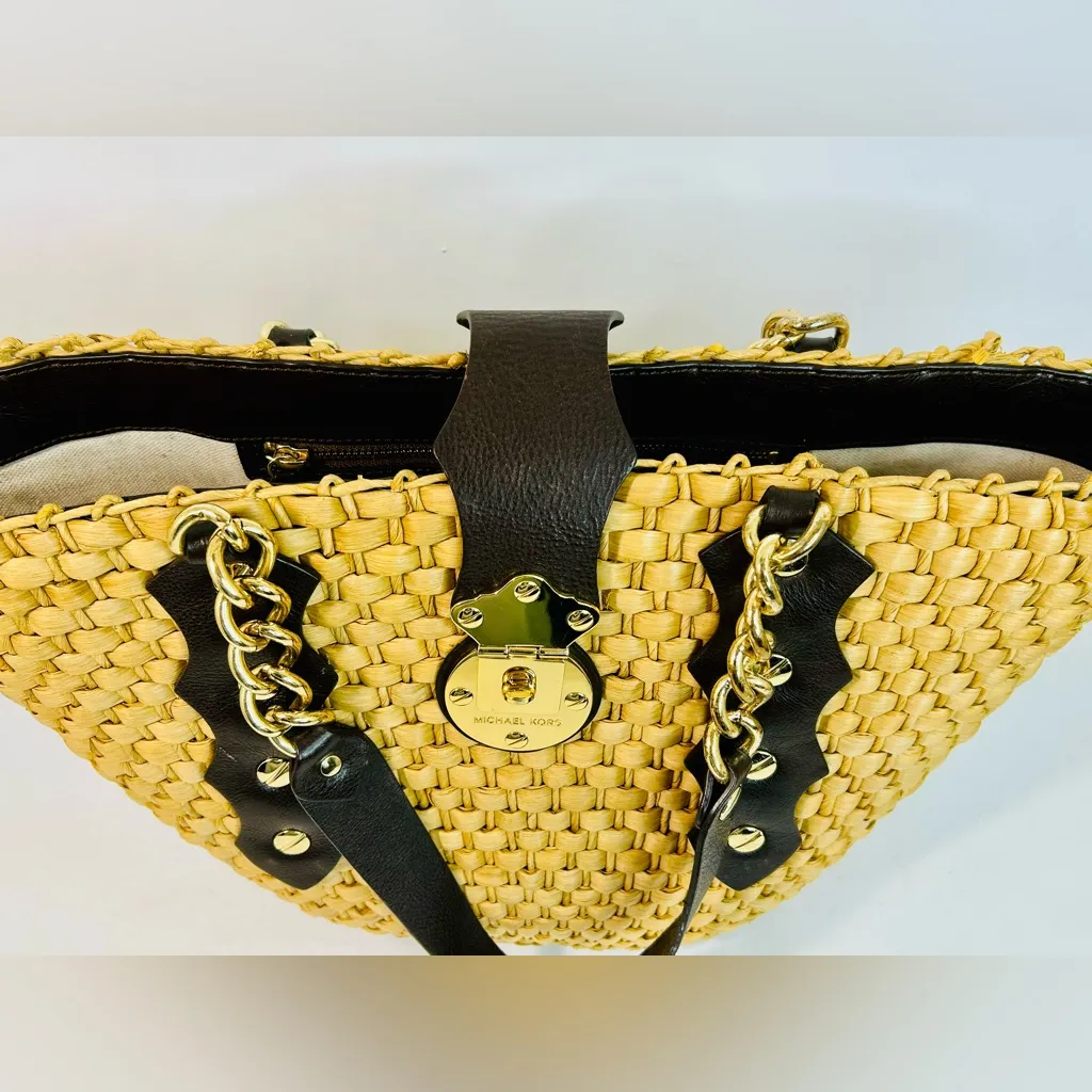 Michael Kors Santorini Raffia Woven Handbag Tote, Brown Leather/Gold Chain Strap Tan - Image 7