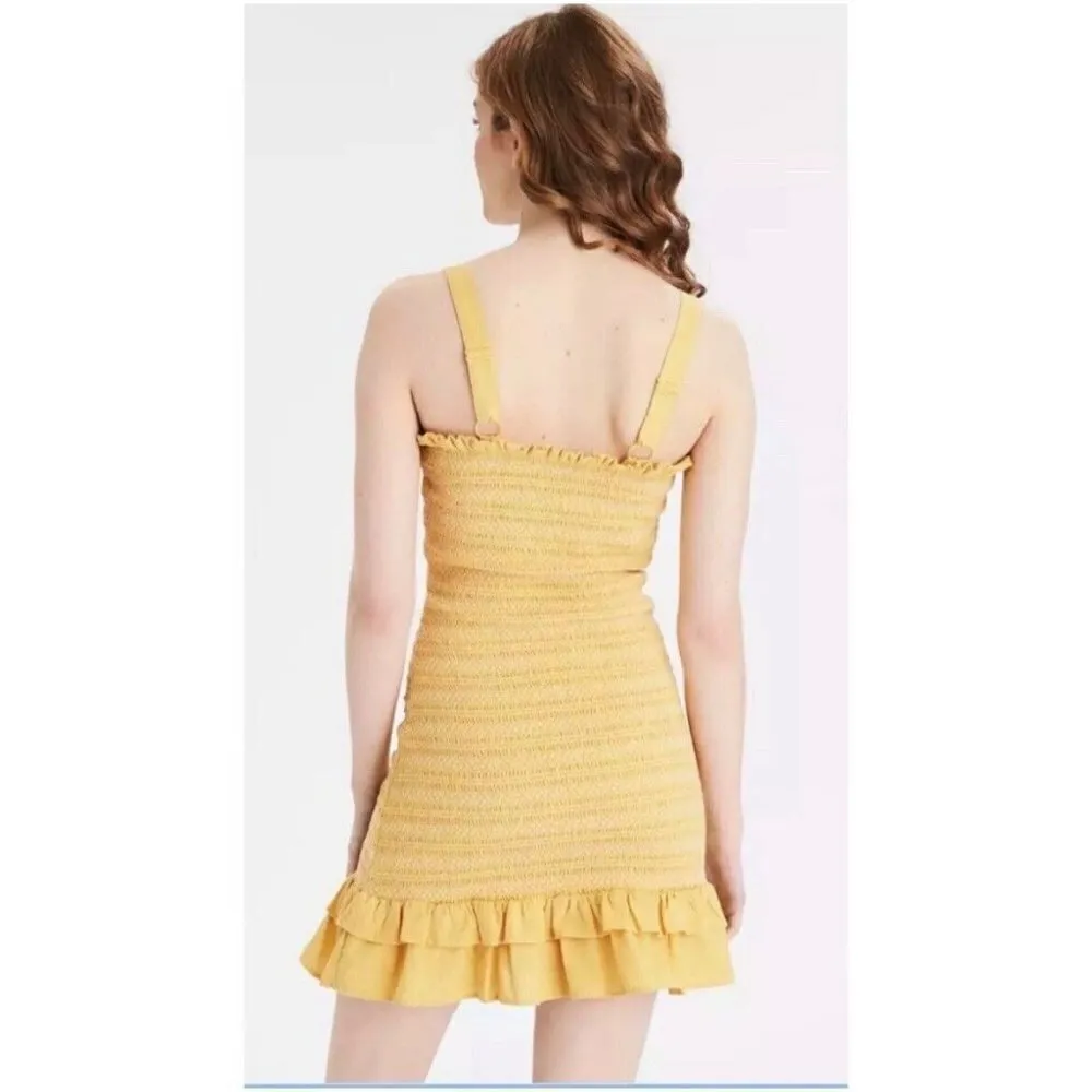 American Eagle LINEN Smocked Dress Ruffle Tank XLARGE Yellow NWT - Image 3